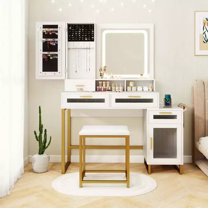 Modern Vanity Set with LED Mirror, 3 Lighting Modes, Jewelry Cabinet & Charging Station