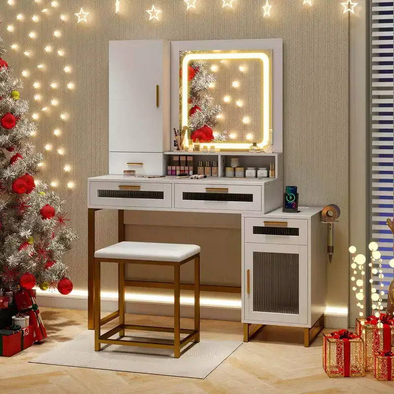 Modern Vanity Set with LED Mirror, 3 Lighting Modes, Jewelry Cabinet & Charging Station