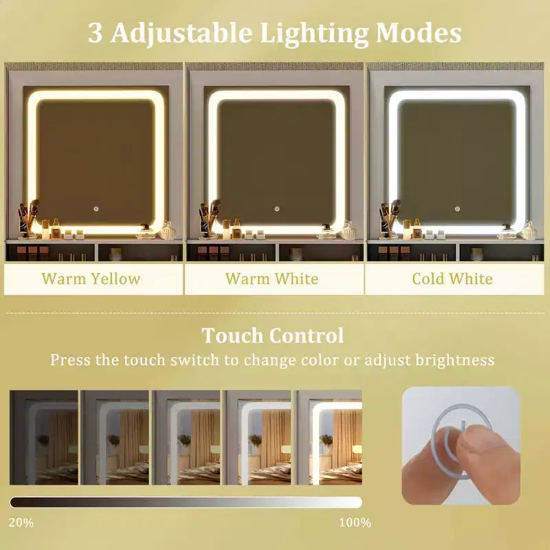 Modern Vanity Set with LED Mirror, 3 Lighting Modes, Jewelry Cabinet & Charging Station