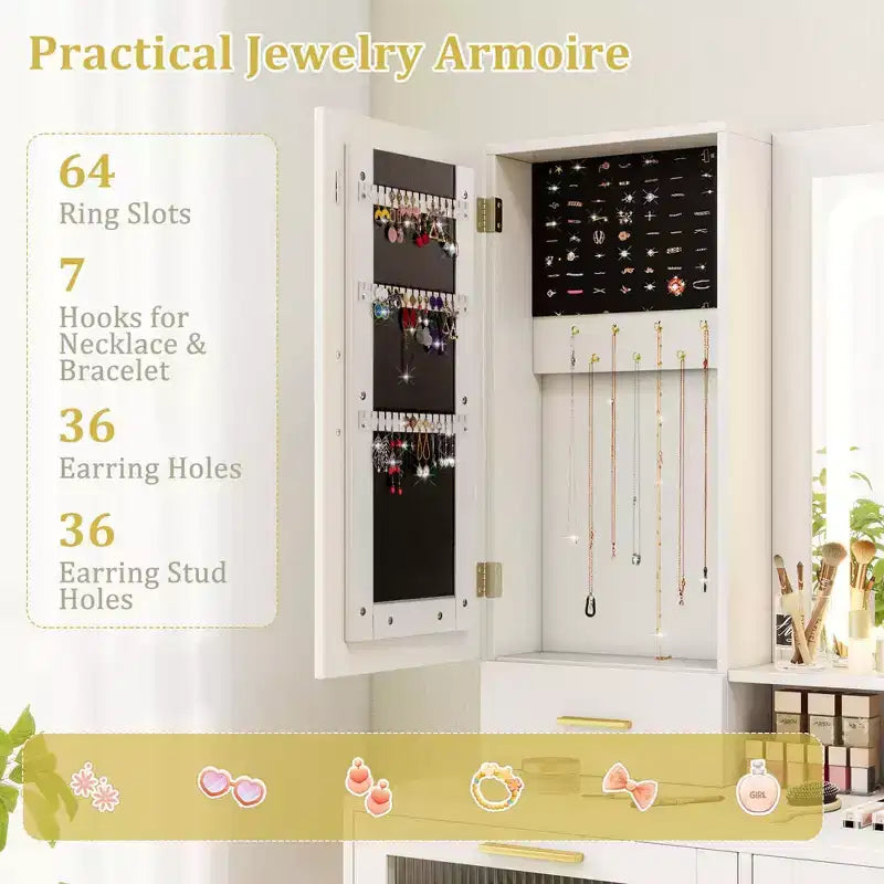 Modern Vanity Set with LED Mirror, 3 Lighting Modes, Jewelry Cabinet & Charging Station