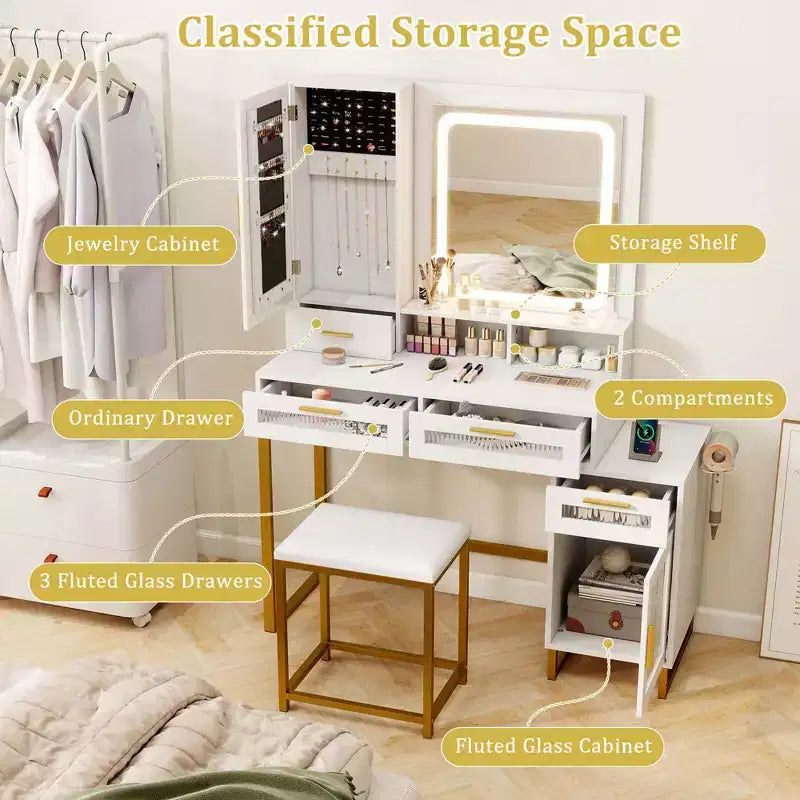 Modern Vanity Set with LED Mirror, 3 Lighting Modes, Jewelry Cabinet & Charging Station
