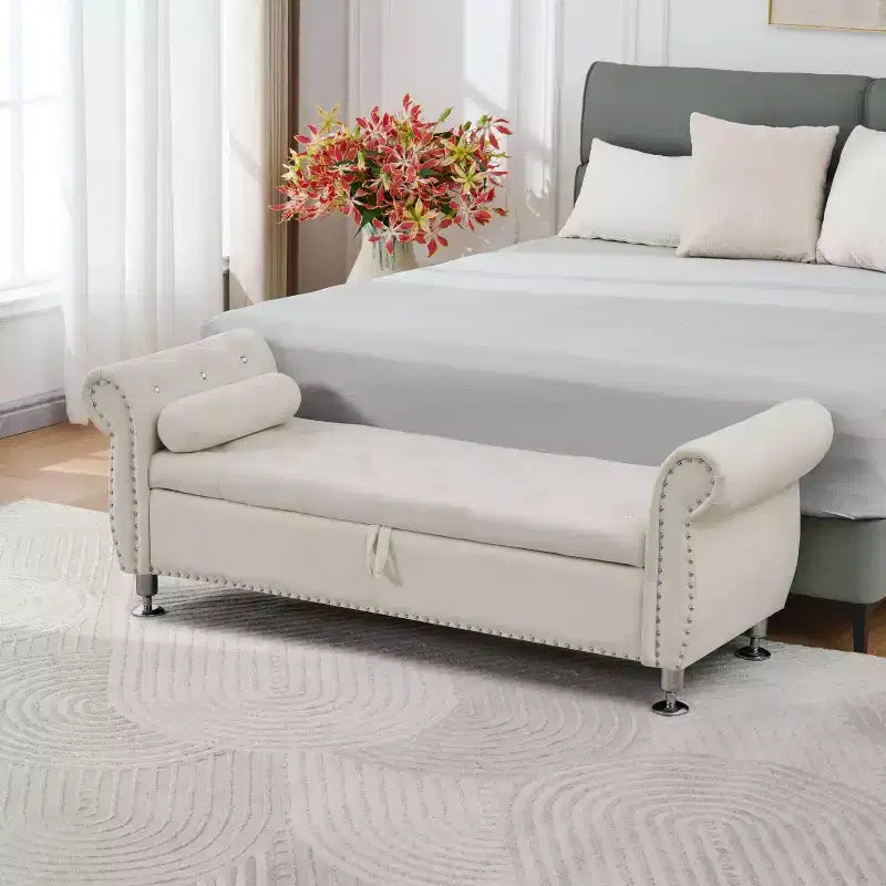 62in Velvet Upholstered Storage Bench with Hidden Compartment & Eucalyptus Frame