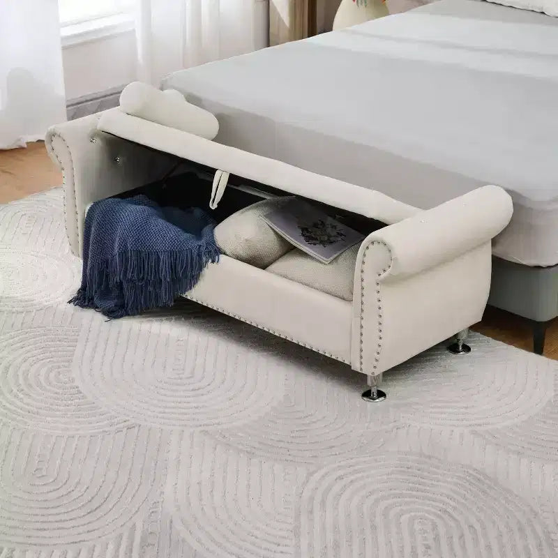 62in Velvet Upholstered Storage Bench with Hidden Compartment & Eucalyptus Frame