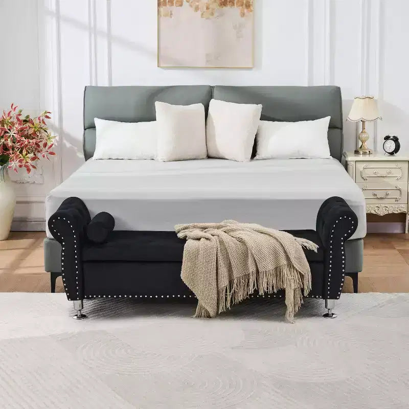 62in Velvet Upholstered Storage Bench with Hidden Compartment & Eucalyptus Frame