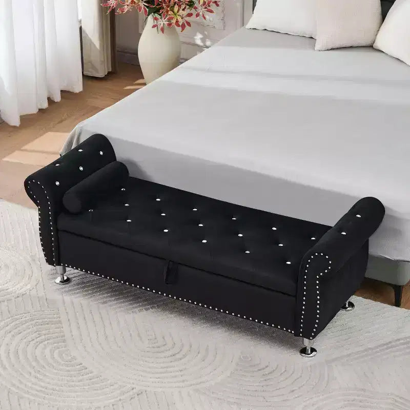 62in Velvet Upholstered Storage Bench with Hidden Compartment & Eucalyptus Frame