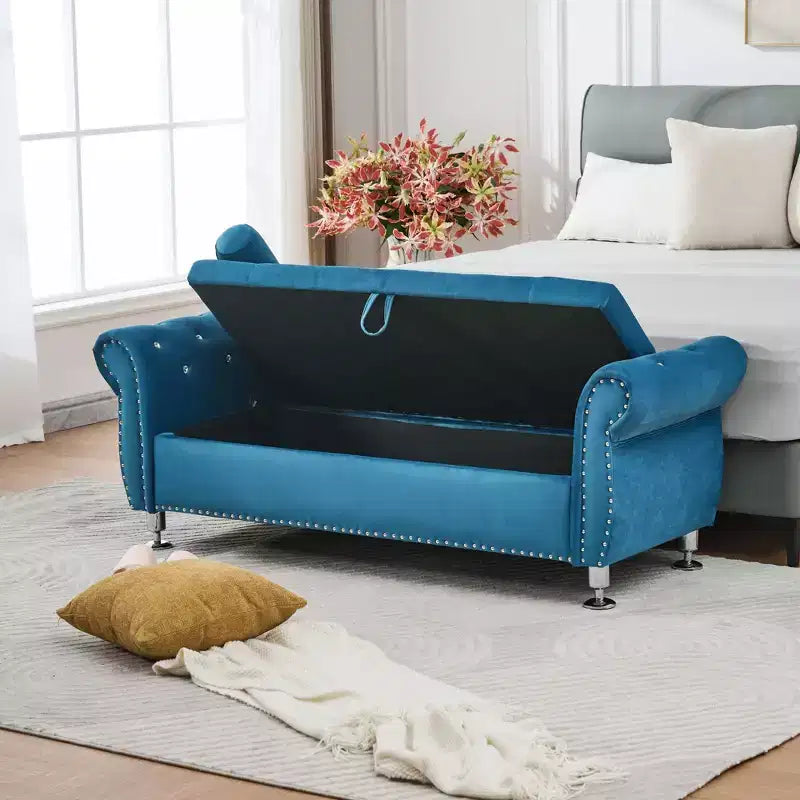 62in Velvet Upholstered Storage Bench with Hidden Compartment & Eucalyptus Frame