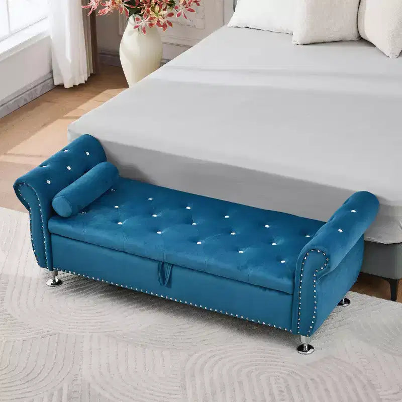 62in Velvet Upholstered Storage Bench with Hidden Compartment & Eucalyptus Frame