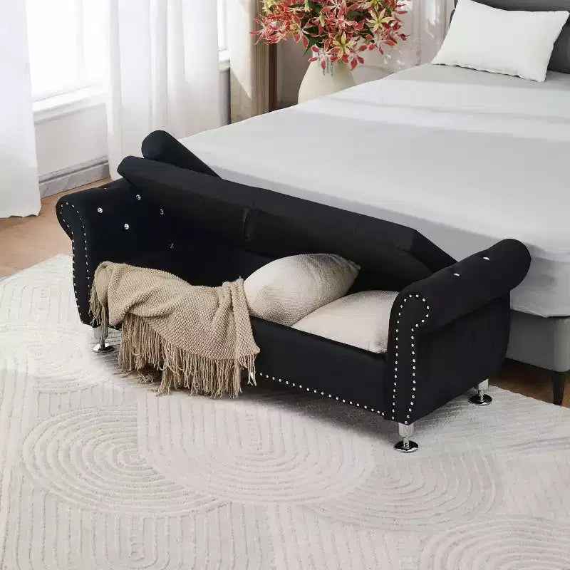 62in Velvet Upholstered Storage Bench with Hidden Compartment & Eucalyptus Frame