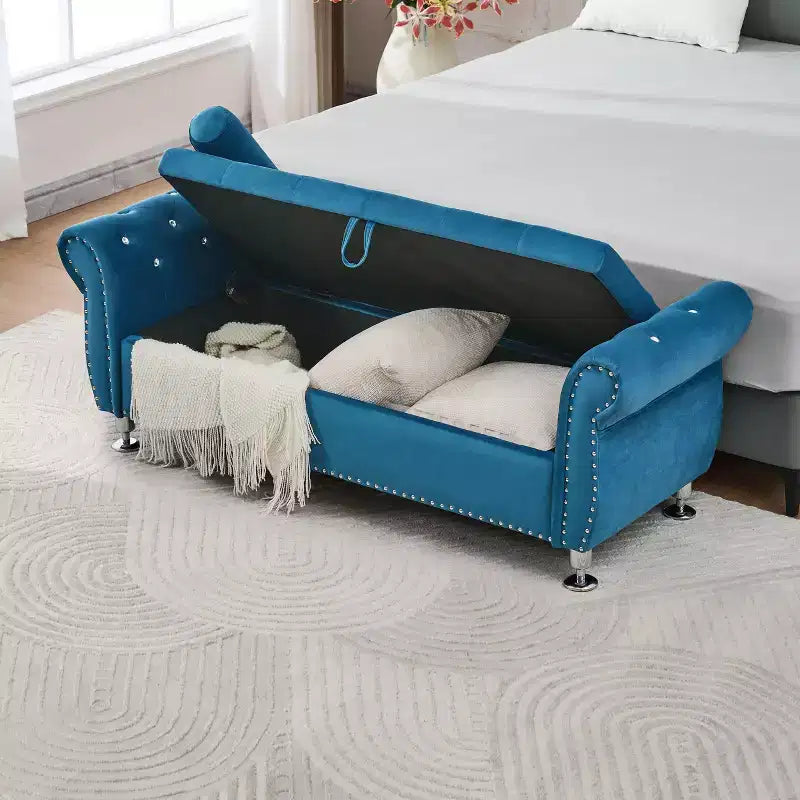 62in Velvet Upholstered Storage Bench with Hidden Compartment & Eucalyptus Frame