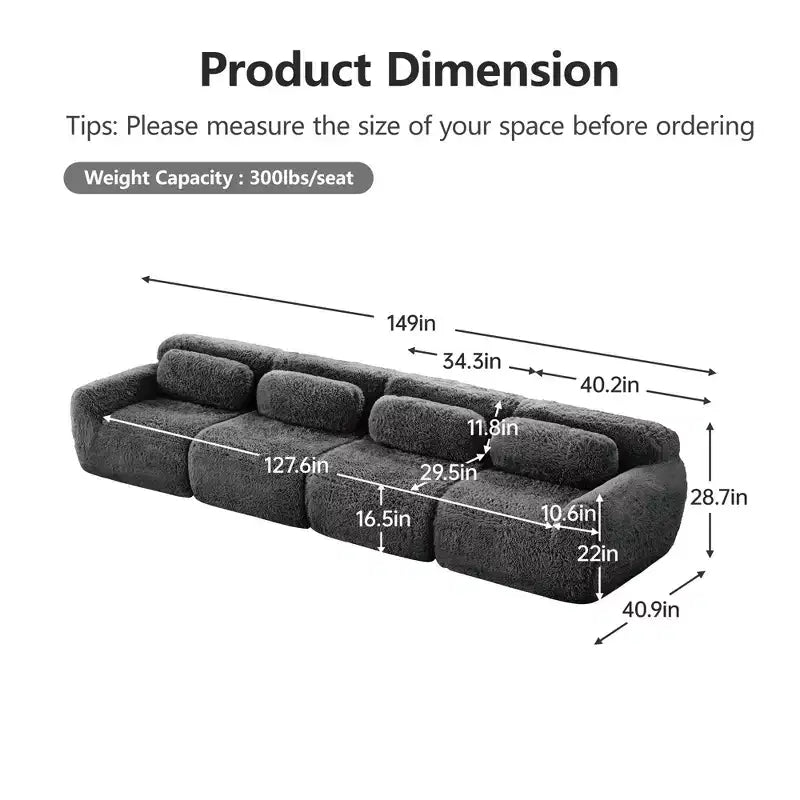 149in Modular Sectional Sofa with Ottoman, 32D Foam & 4 Accent Pillows – Plush Polyester