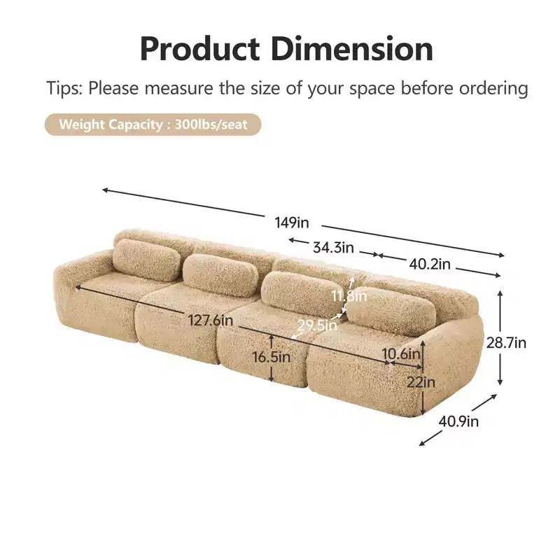 149in Modular Sectional Sofa with Ottoman, 32D Foam & 4 Accent Pillows – Plush Polyester