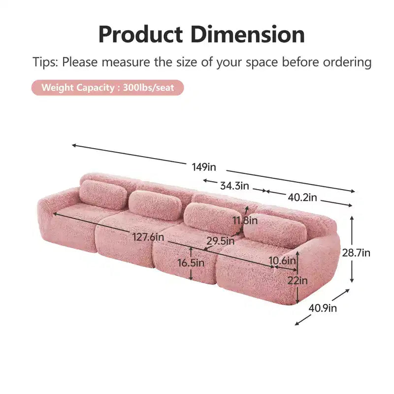 149in Modular Sectional Sofa with Ottoman, 32D Foam & 4 Accent Pillows – Plush Polyester