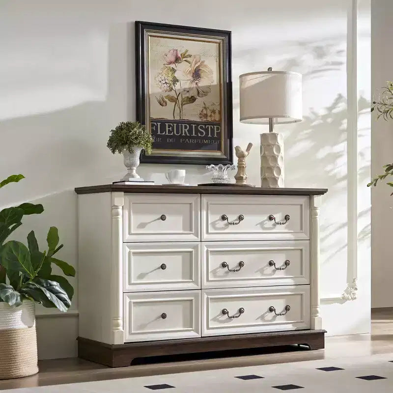 Farmhouse 6-Drawer Dresser with Textured Detailing, Wood Columns & Decorative Pulls
