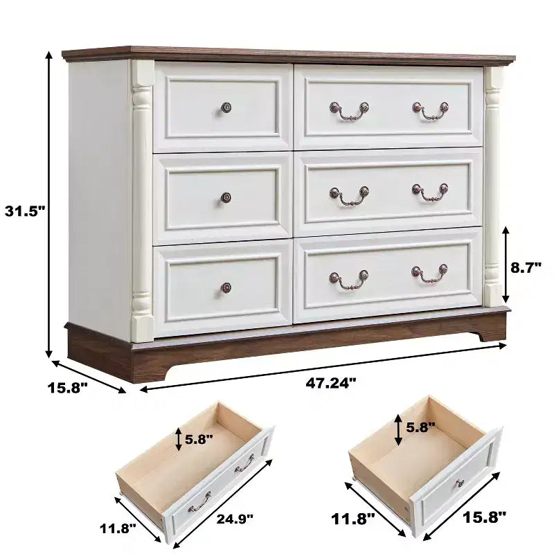 Farmhouse 6-Drawer Dresser with Textured Detailing, Wood Columns & Decorative Pulls