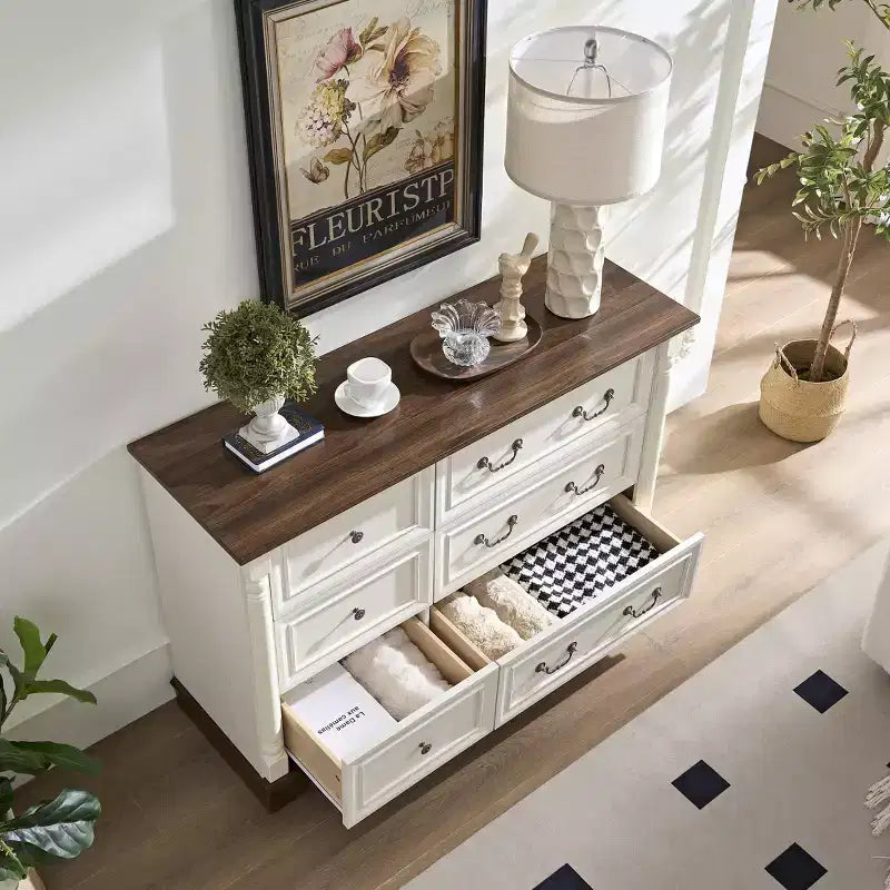 Farmhouse 6-Drawer Dresser with Textured Detailing, Wood Columns & Decorative Pulls