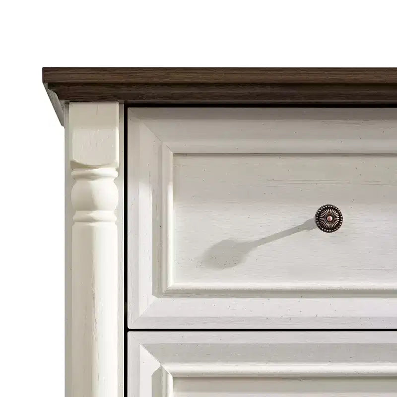 Farmhouse 6-Drawer Dresser with Textured Detailing, Wood Columns & Decorative Pulls
