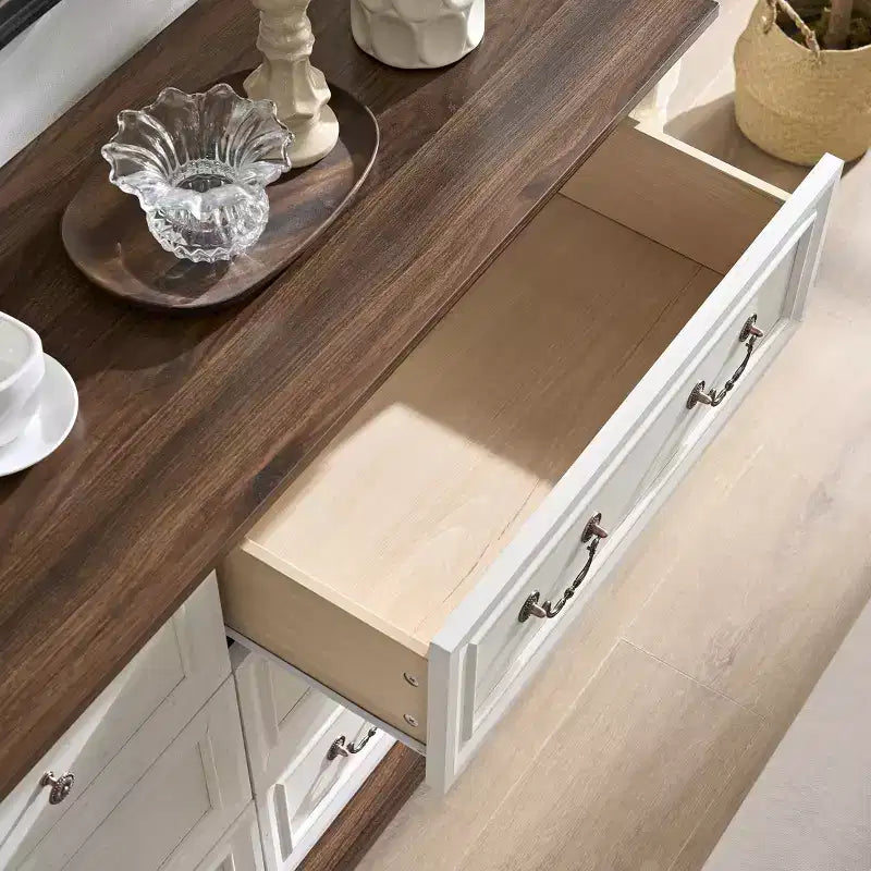 Farmhouse 6-Drawer Dresser with Textured Detailing, Wood Columns & Decorative Pulls