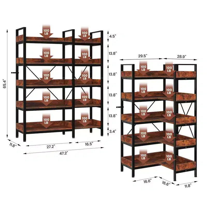 65in 5-Tier Reversible L-Shaped Corner Bookshelf with Metal Frame & 10 Open Shelves