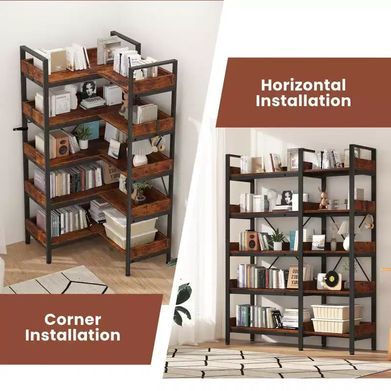 65in 5-Tier Reversible L-Shaped Corner Bookshelf with Metal Frame & 10 Open Shelves