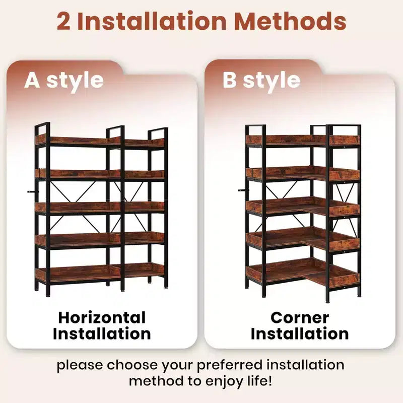 65in 5-Tier Reversible L-Shaped Corner Bookshelf with Metal Frame & 10 Open Shelves