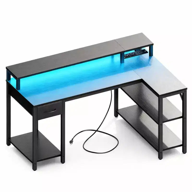 Modern L-Shaped Gaming & Study Desk with Power Socket, Open Shelves & Side Hooks