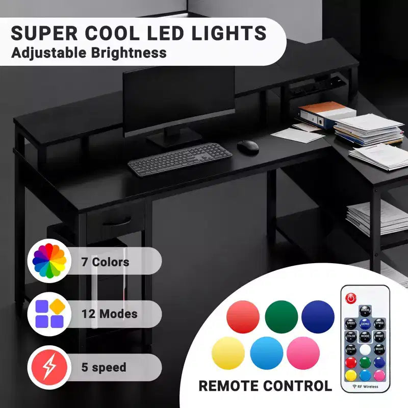 Modern L-Shaped Gaming & Study Desk with Power Socket, Open Shelves & Side Hooks