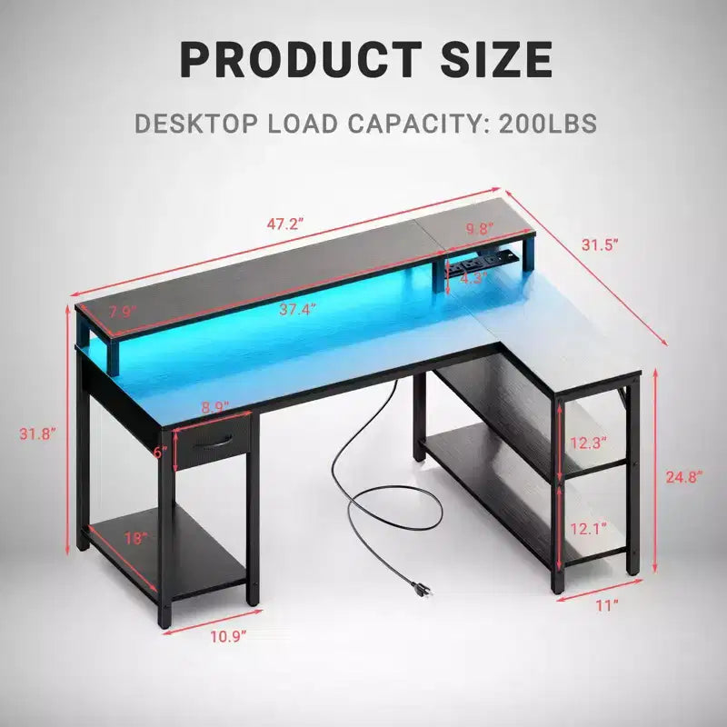 Modern L-Shaped Gaming & Study Desk with Power Socket, Open Shelves & Side Hooks