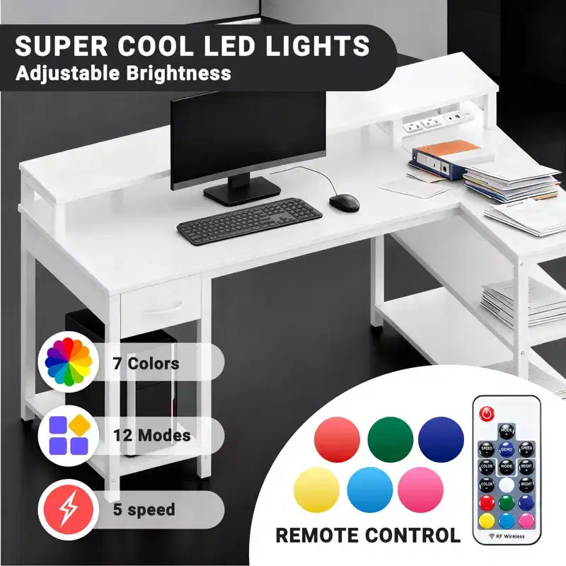 Modern L-Shaped Gaming & Study Desk with Power Socket, Open Shelves & Side Hooks