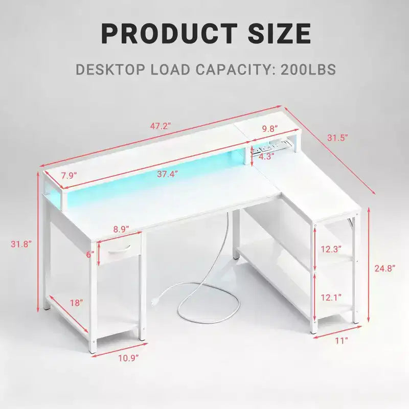 Modern L-Shaped Gaming & Study Desk with Power Socket, Open Shelves & Side Hooks