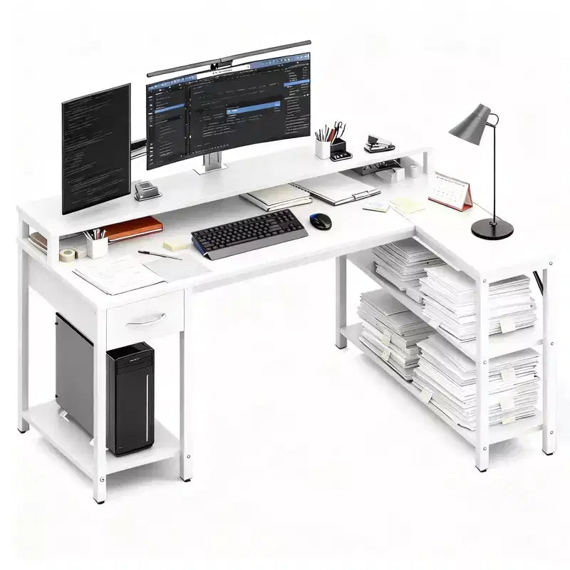 Modern L-Shaped Gaming & Study Desk with Power Socket, Open Shelves & Side Hooks
