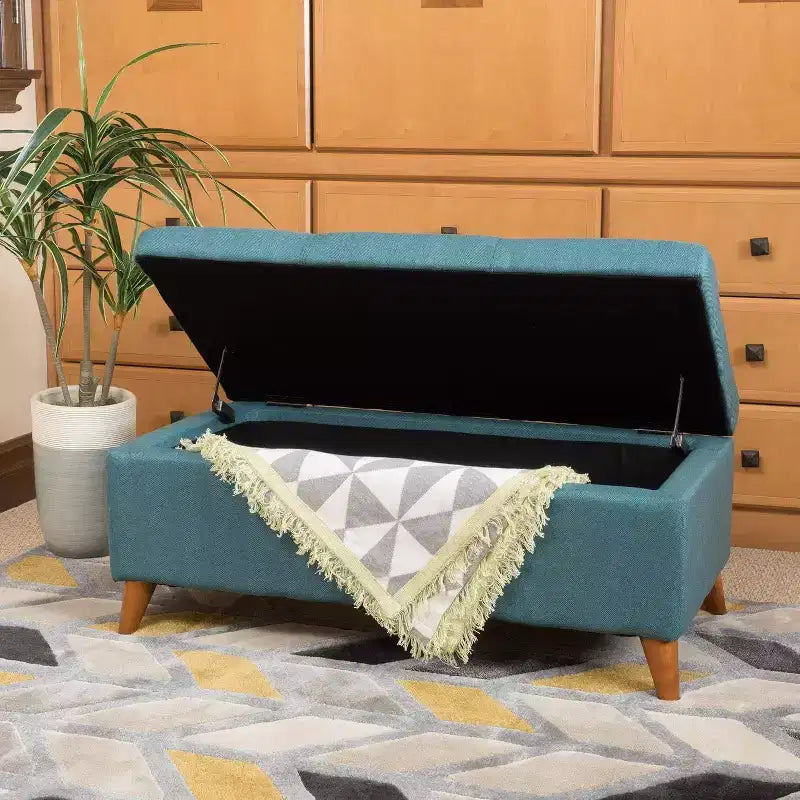 Tufted Button Storage Ottoman with Hinged Lid & Solid Wood Legs – Entryway Bench
