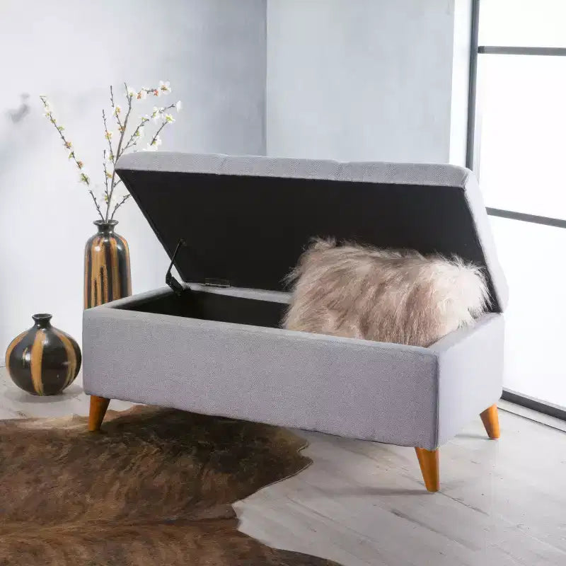Tufted Button Storage Ottoman with Hinged Lid & Solid Wood Legs – Entryway Bench