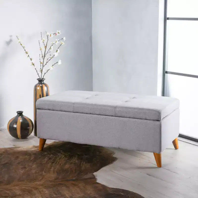 Tufted Button Storage Ottoman with Hinged Lid & Solid Wood Legs – Entryway Bench
