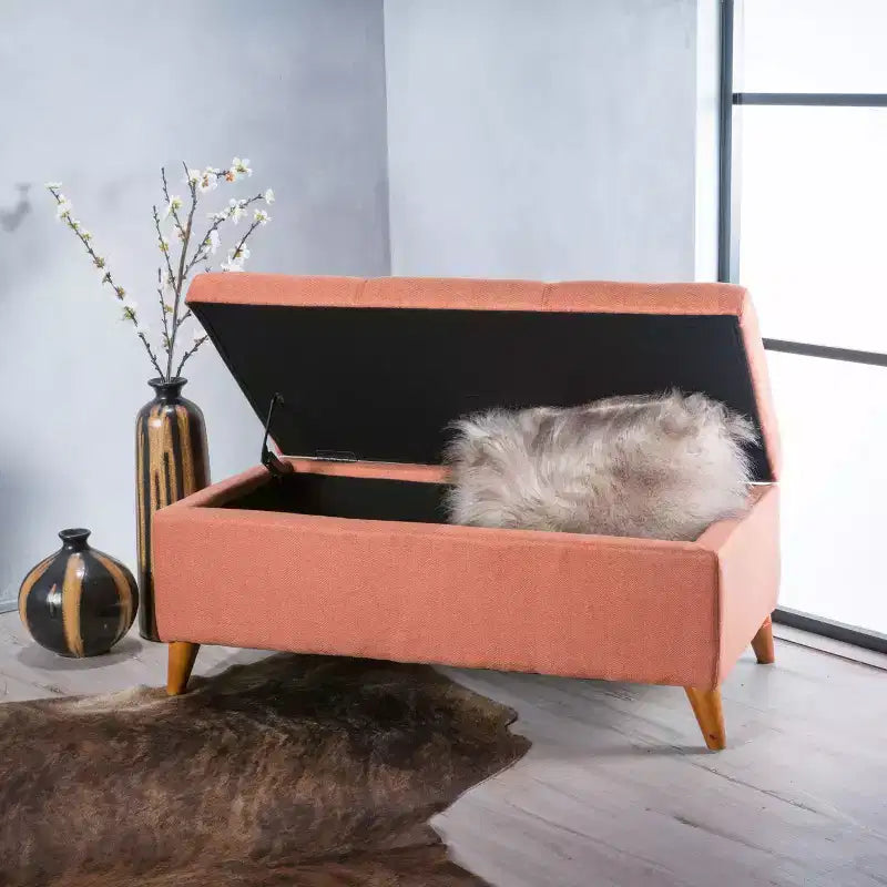 Tufted Button Storage Ottoman with Hinged Lid & Solid Wood Legs – Entryway Bench