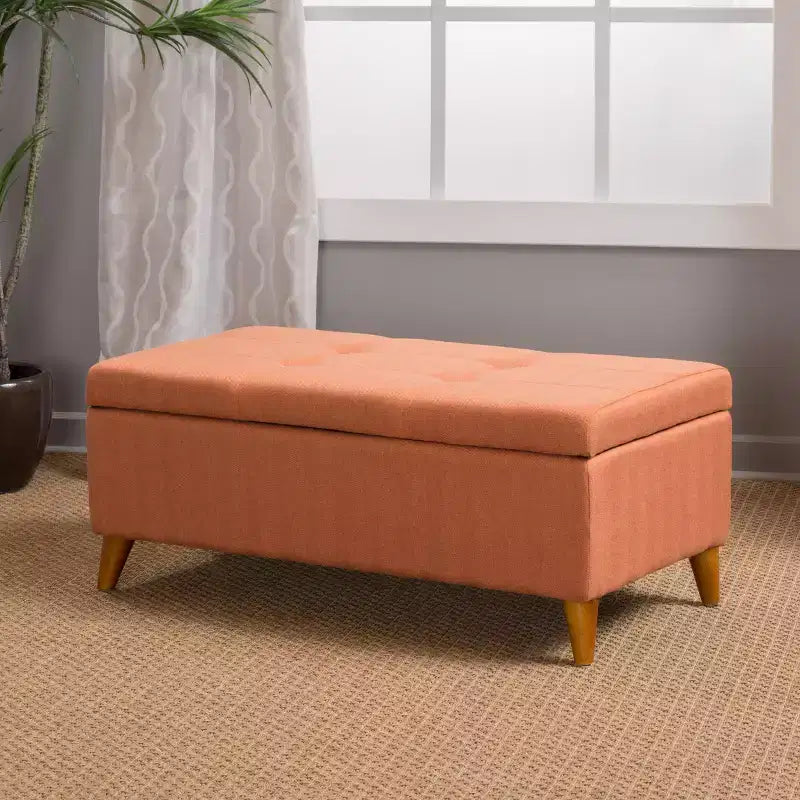 Tufted Button Storage Ottoman with Hinged Lid & Solid Wood Legs – Entryway Bench
