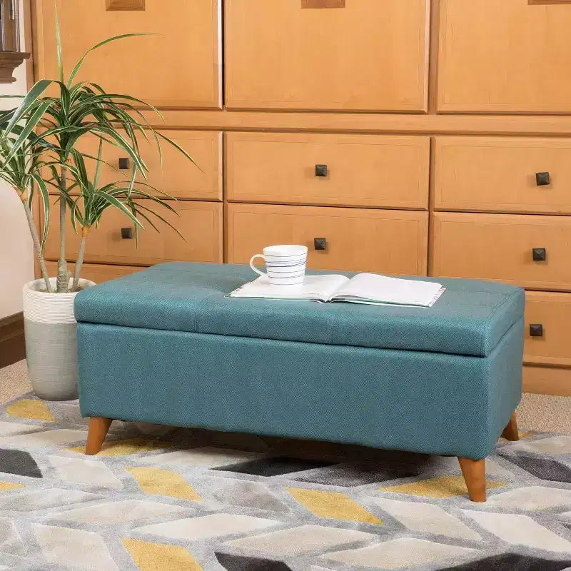 Tufted Button Storage Ottoman with Hinged Lid & Solid Wood Legs – Entryway Bench