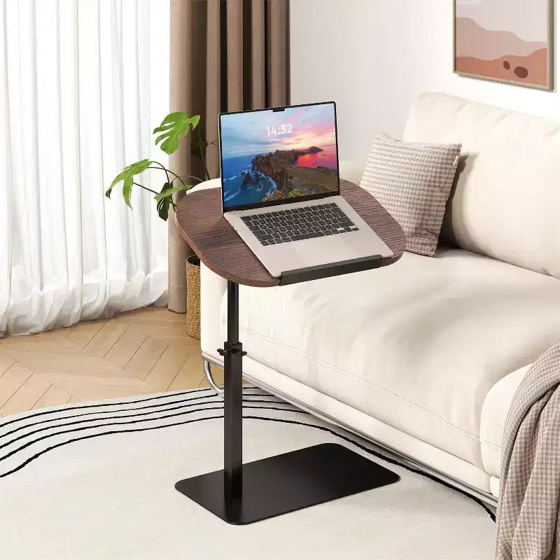 C-Shaped Height-Adjustable Side Table with Gas Spring Lift – Waterproof, Beige, Small Spaces