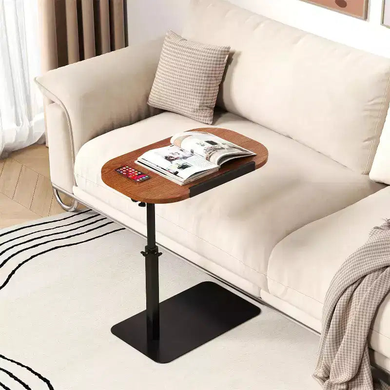 C-Shaped Height-Adjustable Side Table with Gas Spring Lift – Waterproof, Beige, Small Spaces
