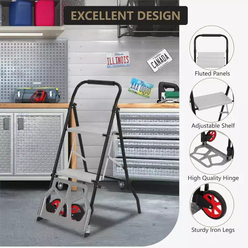 2-in-1 Aluminum Folding Hand Truck & Step Ladder – 220 LB Capacity, Anti-Slip, Portable