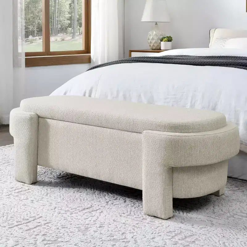 51.6in Linen Upholstered Storage Bench with Hidden Compartment & Wood Legs – Beige