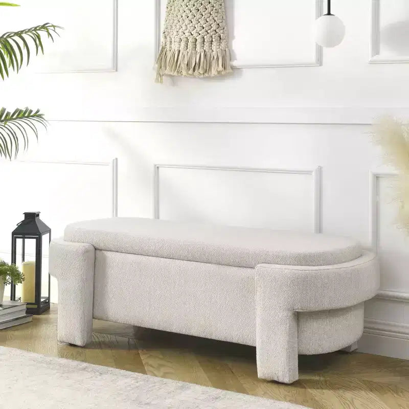 51.6in Linen Upholstered Storage Bench with Hidden Compartment & Wood Legs – Beige