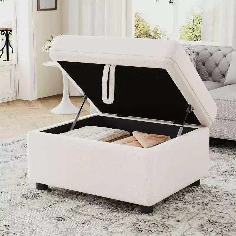 Movable Storage Ottoman Footrest with Hidden Compartment & Plush Velvet Seat – Beige