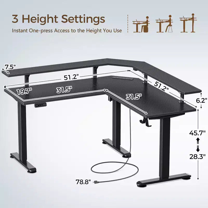 L-Shaped Height-Adjustable Standing Desk with LED Lights, Monitor Stand & 4 AC Outlets