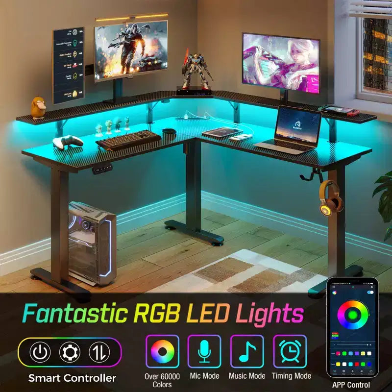 L-Shaped Height-Adjustable Standing Desk with LED Lights, Monitor Stand & 4 AC Outlets