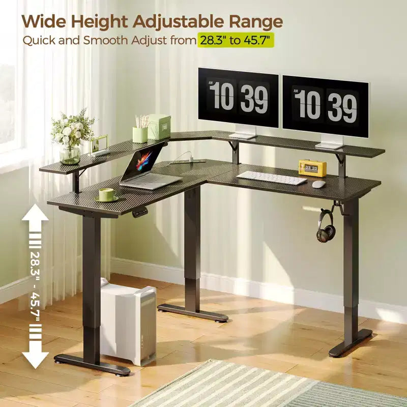 L-Shaped Height-Adjustable Standing Desk with LED Lights, Monitor Stand & 4 AC Outlets