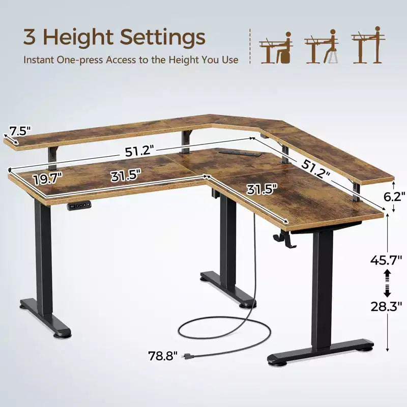L-Shaped Height-Adjustable Standing Desk with LED Lights, Monitor Stand & 4 AC Outlets
