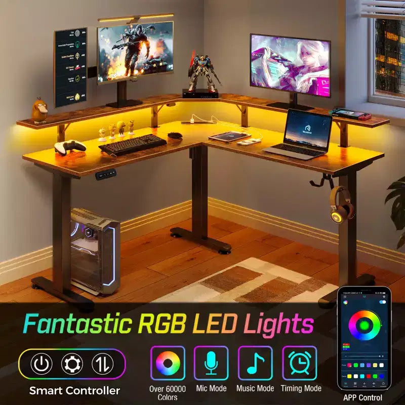 L-Shaped Height-Adjustable Standing Desk with LED Lights, Monitor Stand & 4 AC Outlets