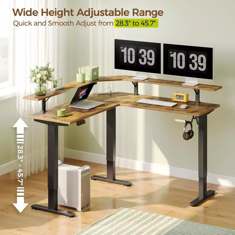 L-Shaped Height-Adjustable Standing Desk with LED Lights, Monitor Stand & 4 AC Outlets