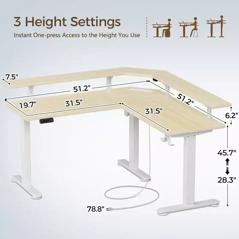 L-Shaped Height-Adjustable Standing Desk with LED Lights, Monitor Stand & 4 AC Outlets
