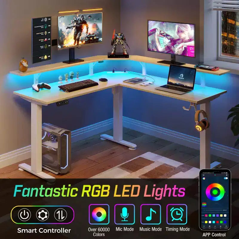 L-Shaped Height-Adjustable Standing Desk with LED Lights, Monitor Stand & 4 AC Outlets